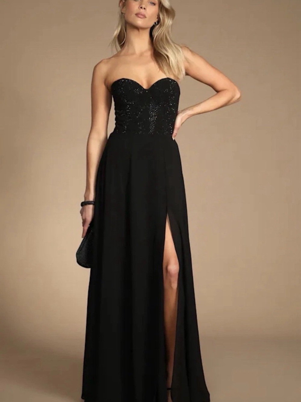 Lulu's Strapless Black Beaded Sweetheart Gown with Thigh Slit